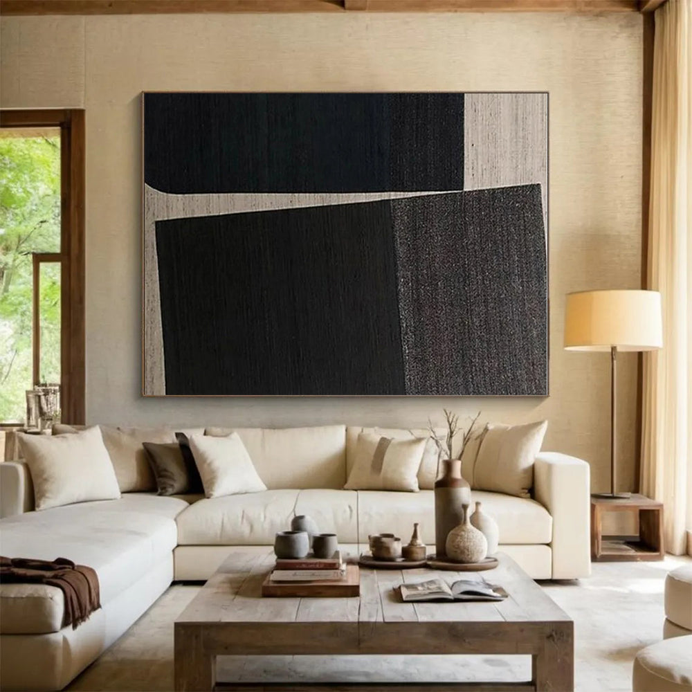 Huge Size Black and Beige Geometric Abstract Art, Large Painting In Living Room HS549