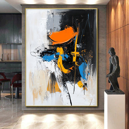 Acrylic Modern Art Paintings Black, White, Orange, and Blue Abstract Expressive Painting For Sale HS144
