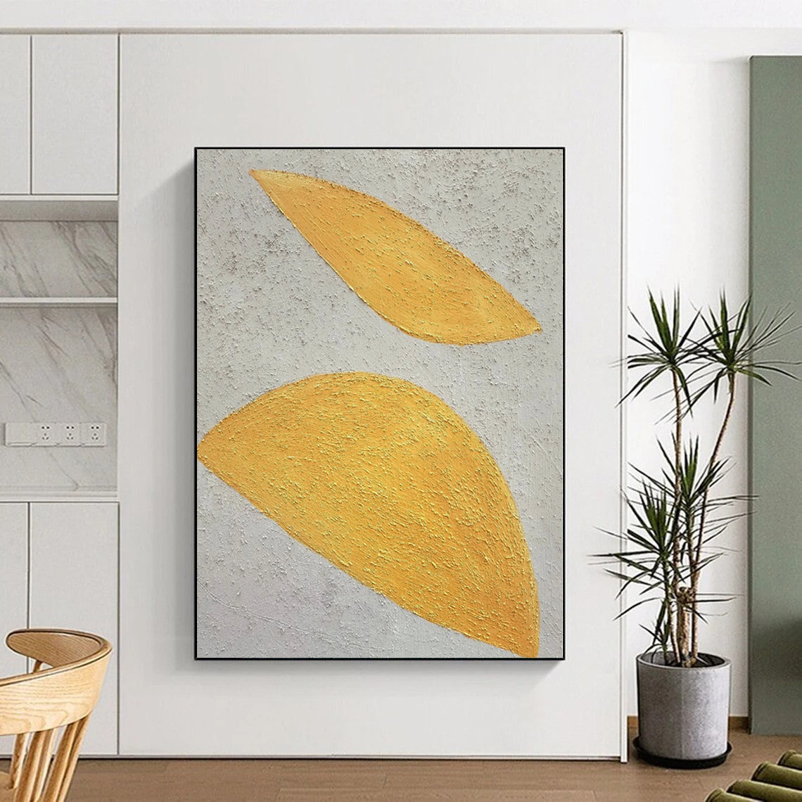 Hand-Painted Yellow and Gray Textured Abstract Leaf-Shaped Painting For Sale HS022