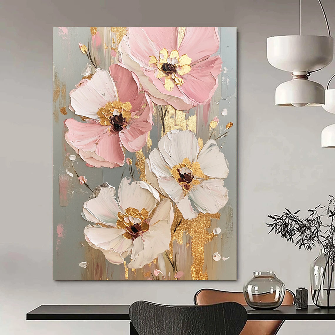 Pink, White, Gold Abstract Floral Art For Bedroom and Dining Room WS437