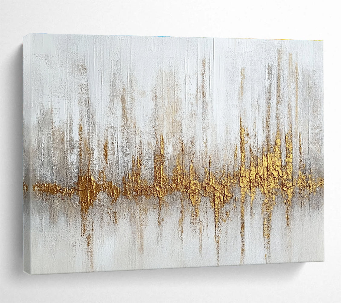 Oversized Canvas Art White, Gold, and Gray Abstract Soundwave - Acrylic Painting WB293