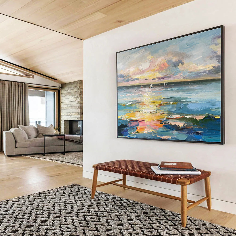 Blue, Pink, Yellow Abstract Seascape with Sailboats Acrylic Painting WB040