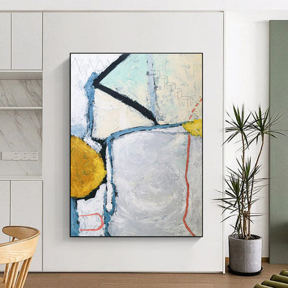 Handmade Art Gray, Yellow, and Blue Geometric Abstract Painting On Canvas HS826