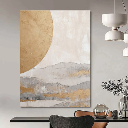 Gold, Gray, and Beige Abstract Mountain and Sun Painting For Sale Online WS486