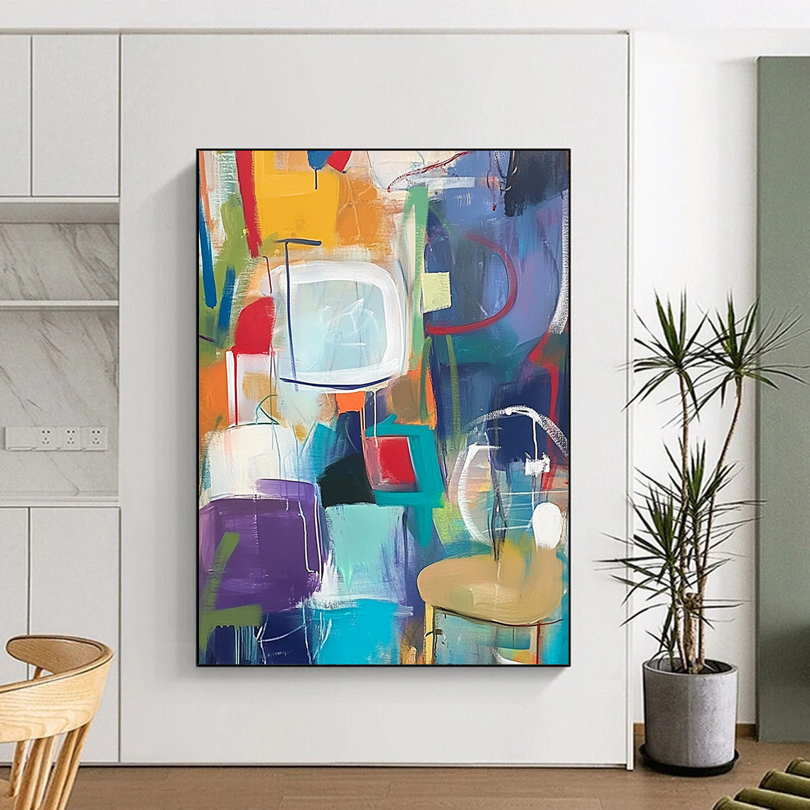Large Contemporary Wall Art Multicolor Abstract Shape Painting For Sale HS152
