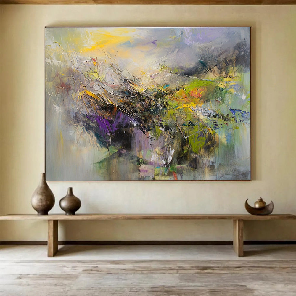 Modern Art Abstract Paintings with Yellow, Purple, Green and Gray Colors, Landscape Abstract Theme WB307