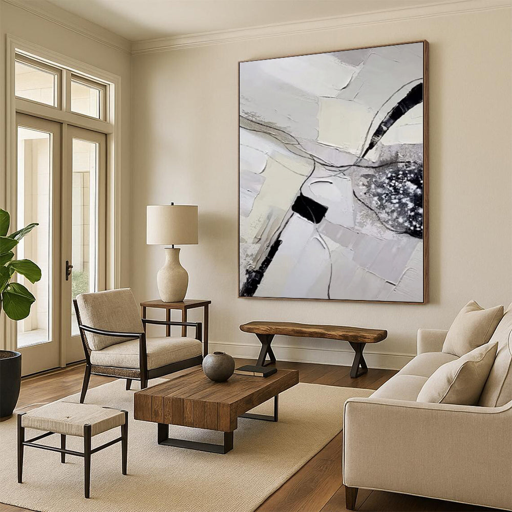 Hand-Painted Gray, White, and Black Abstract Textured Line Painting For Sale HS034