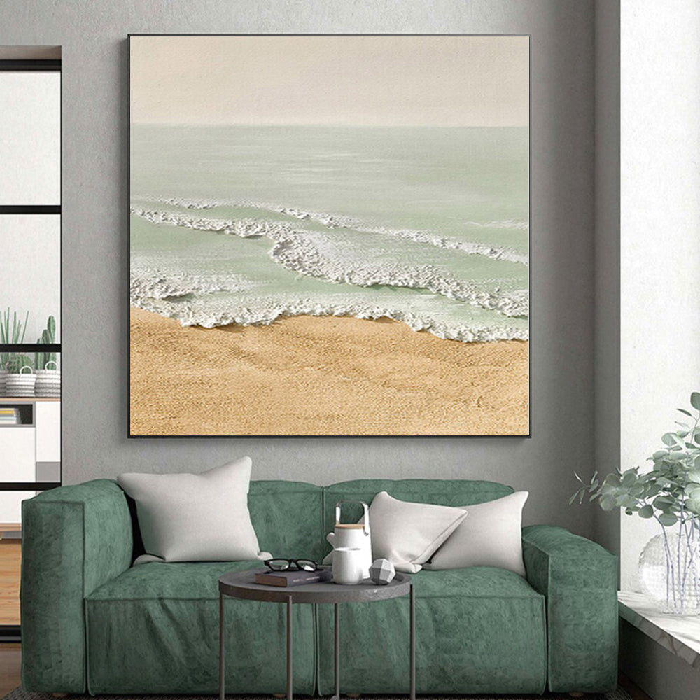 Gaint Canvas Art Beige and Green Abstract Seaside Painting For Sale HS075