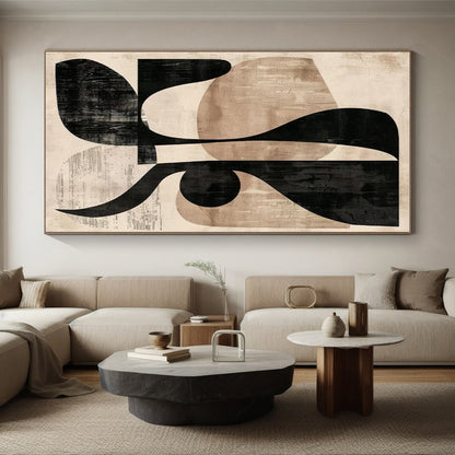 Unique Abstract Art Black & Beige Geometric Abstract, Large Contemporary Wall Art HS433