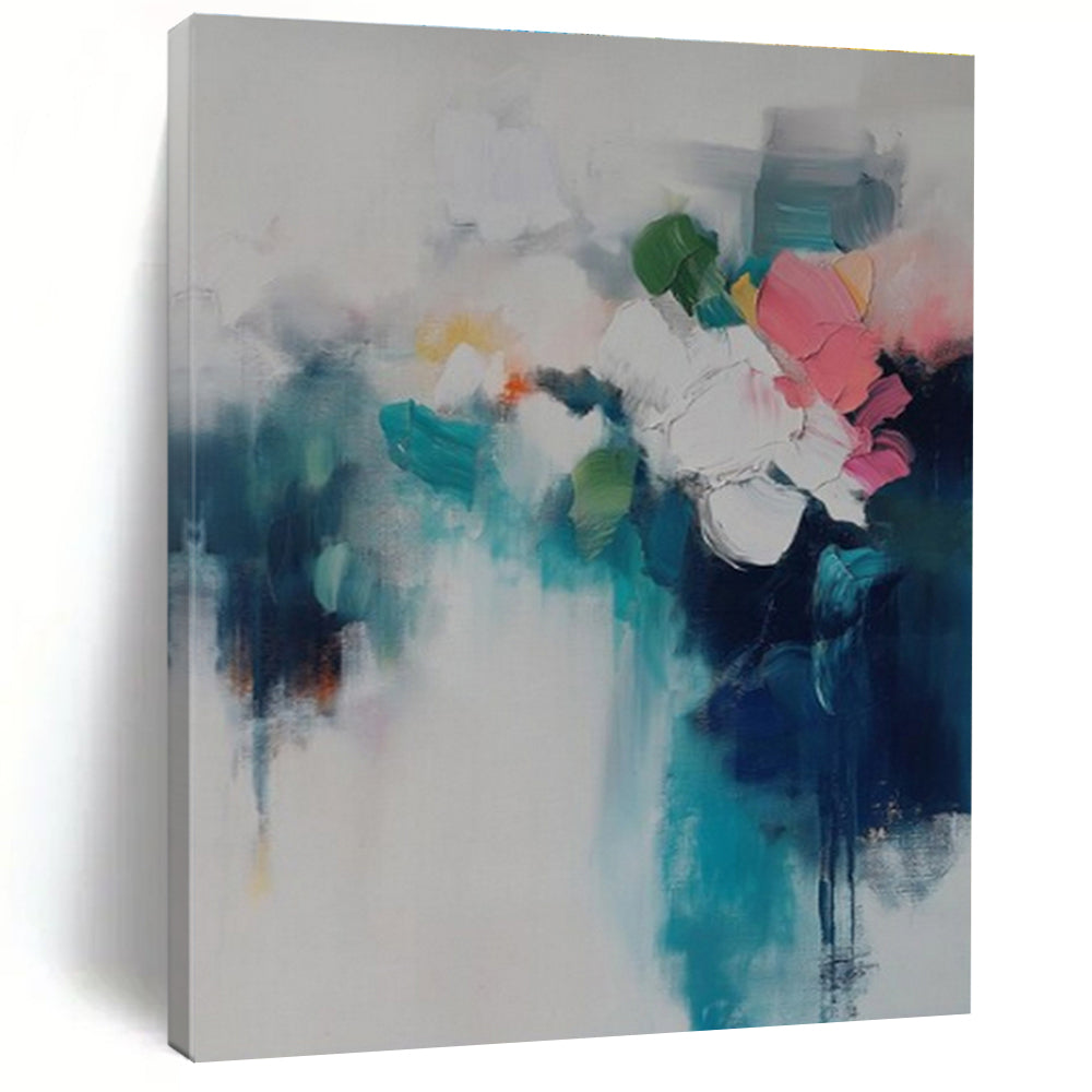 Acrylic Modern Art Paintings Teal, Pink, and White Floral Abstract Art HS718