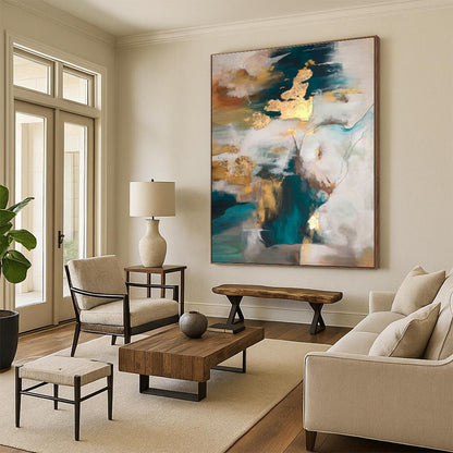 Acrylic Modern Art Paintings Teal, Gold, and Neutral Abstract Composition HS649