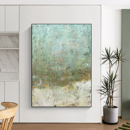 Hand-Painted Turquoise and Beige Abstract Textured Painting For Sale HS071