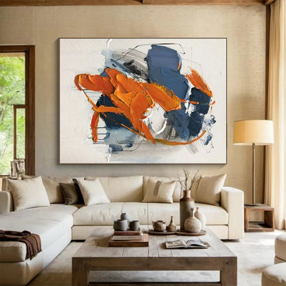 Hand Painted Art Large Size Acrylic Modern Art Paintings with Orange, Blue, Gray Dynamic Shapes - Oversized Abstract Wall Art HS523