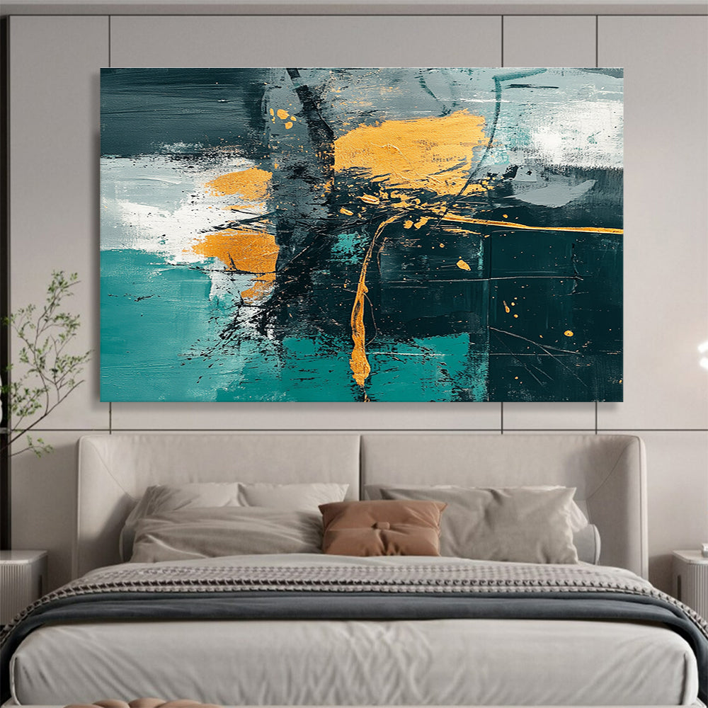Contemporary Abstract Painting with Teal, Gold, Black and White Colors, Expressive Abstract Theme WB327