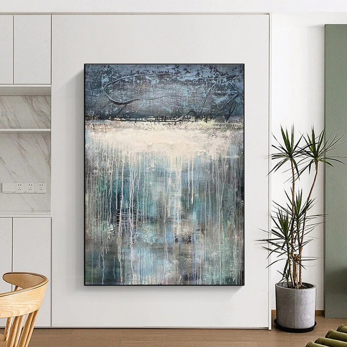 Blue, Gray, and White Dripping Abstract Landscape Painting For Sale Online WS470
