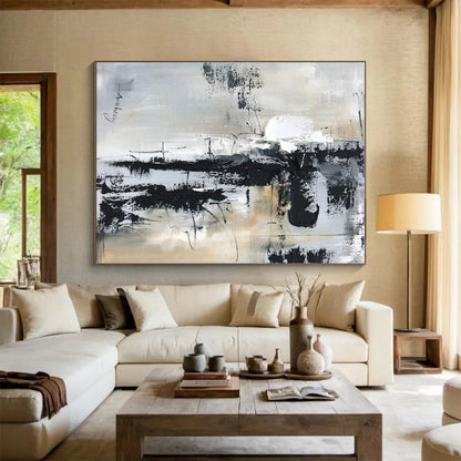 Large Contemporary Wall Art Black, White, and Neutral Textured Abstract HS587