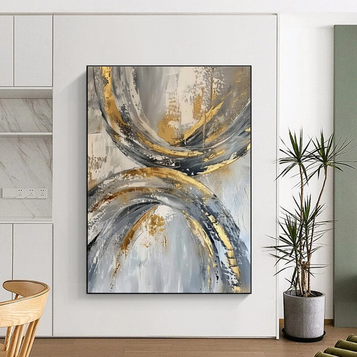 Cool Abstract Paintings Gold, Gray, and Black Circular Abstract Art HS737