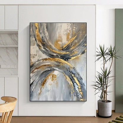 Cool Abstract Paintings Gold, Gray, and Black Circular Abstract Art HS737