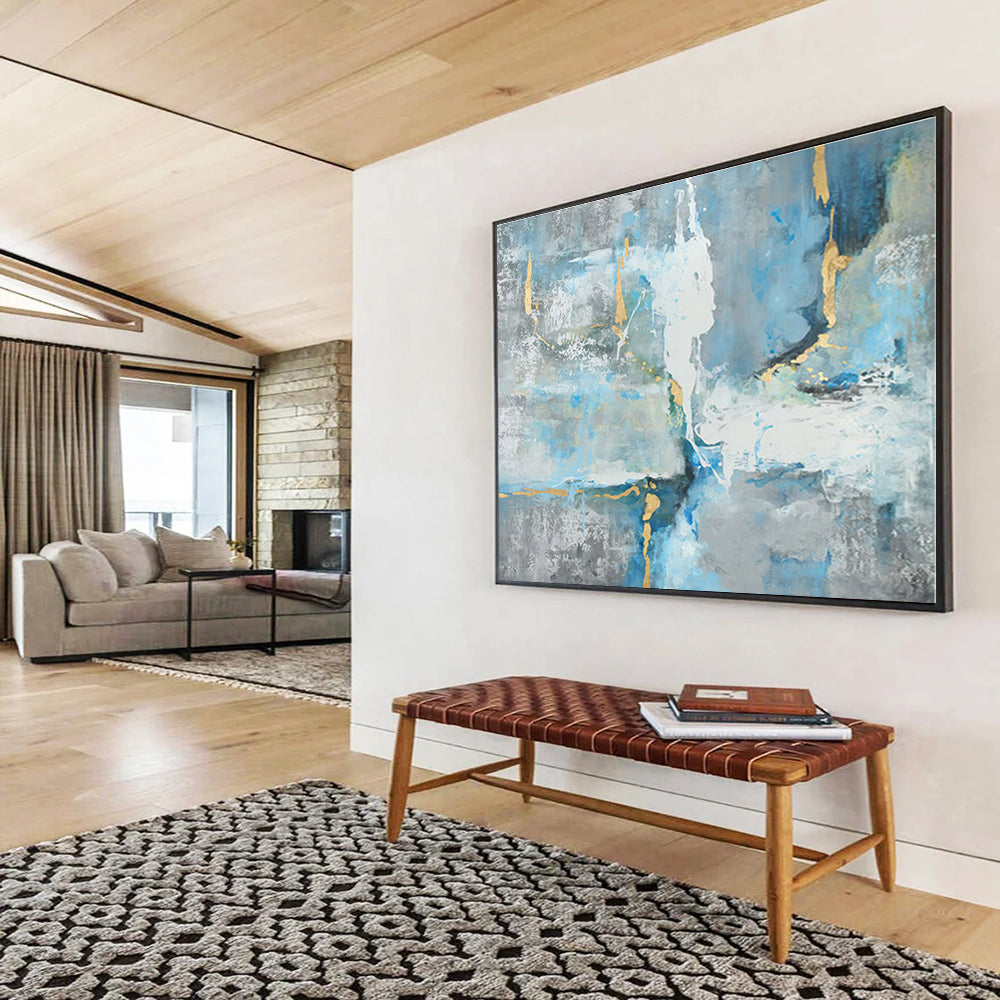 Oversized Canvas Art Blue, Gray and Gold Abstract Expressionist Painting WB132