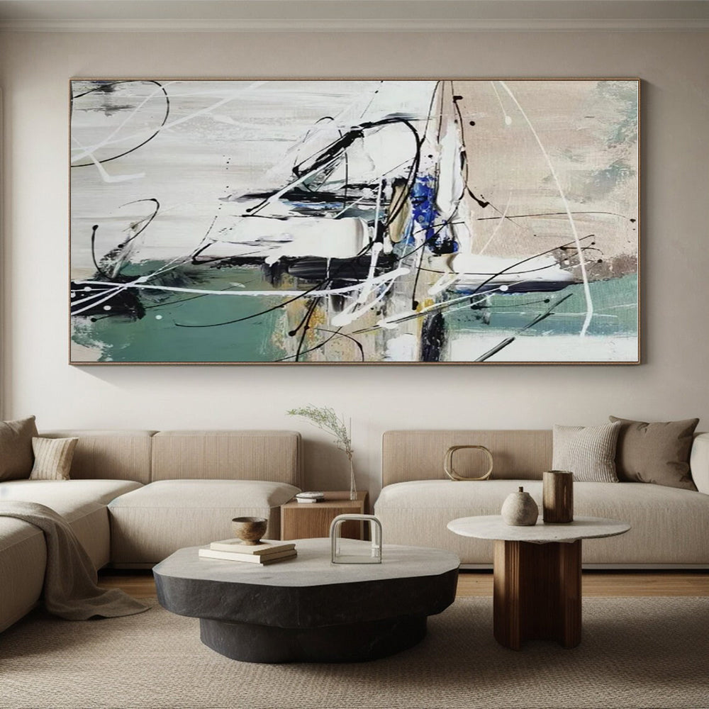 Hand Painted Art Green, White, and Black Dynamic Abstract Painting On Canvas HS801