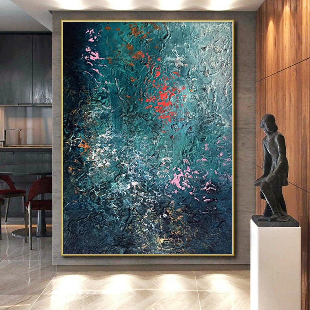 Unique Abstract Art Teal, Pink & Orange Textured Abstract, Large Contemporary Wall Art HS275
