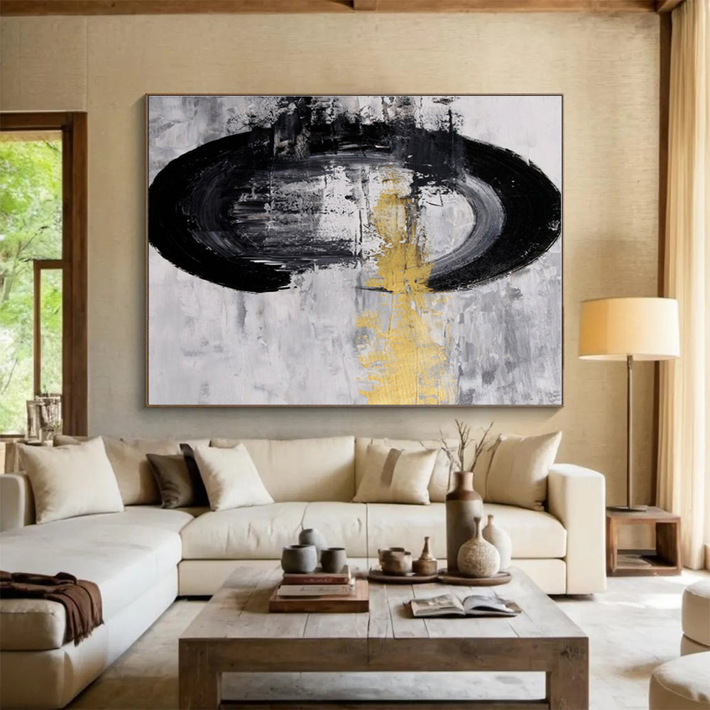 Black, White, Gold Abstract Circular Acrylic Painting WB013