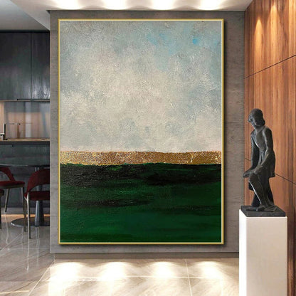 Hand-Painted Green, Gold, and Gray Abstract Landscape Painting For Sale HS045