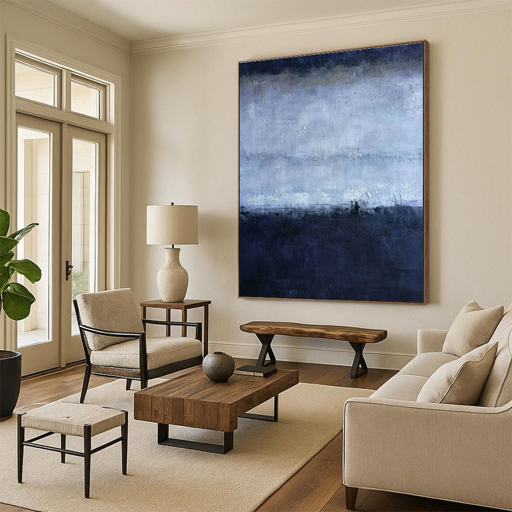 Large Contemporary Wall Art Blue and Gray Textured Abstract Landscape HS612
