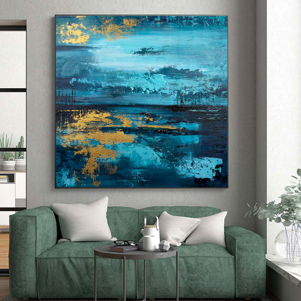 Gaint Canvas Art Teal & Gold Textured Abstract, Oversized Abstract Wall Art HS451