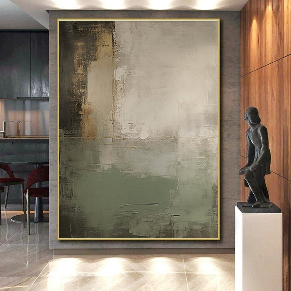 Minimalist Canvas Art Gray, Beige, and Green Textured Abstract Art HS757