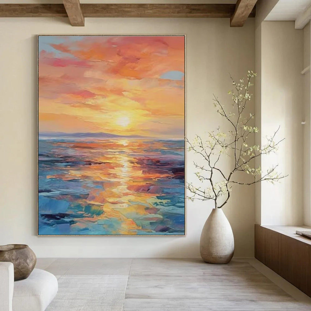 Orange, Pink, and Blue Abstract Seaside Sunset Painting For Sale Online WS481