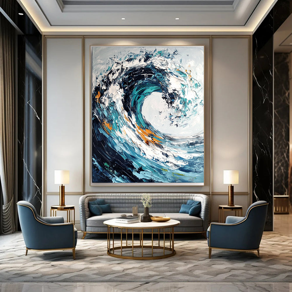 Blue, White, Orange Abstract Seascape Art For Bathroom and Living Room WS432