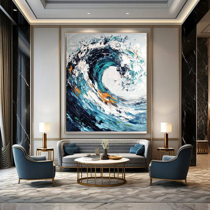 Blue, White, Orange Abstract Seascape Art For Bathroom and Living Room WS432