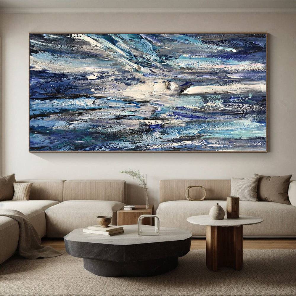 Large Contemporary Wall Art Blue and White Textured Abstract Art HS755
