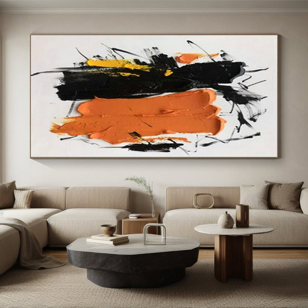 Handmade Art Unique Abstract Art with Black, Orange, Yellow Expressive Brushstrokes - Acrylic Modern Art Painting HS522