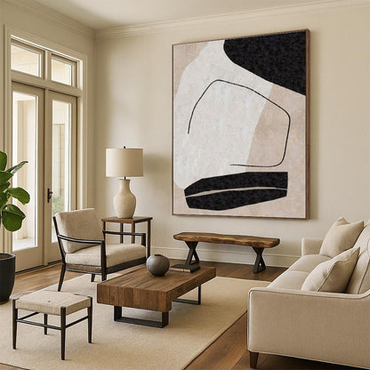 Unique Abstract Art Black, Beige, and White Organic Abstract Art HS700