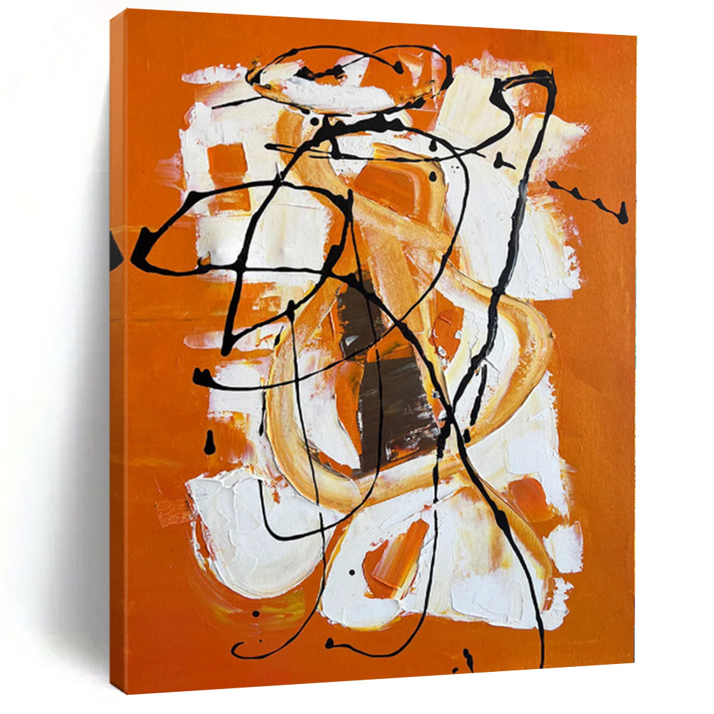 Hand-Painted Orange, White, and Black Abstract Expressive Painting For Sale HS050