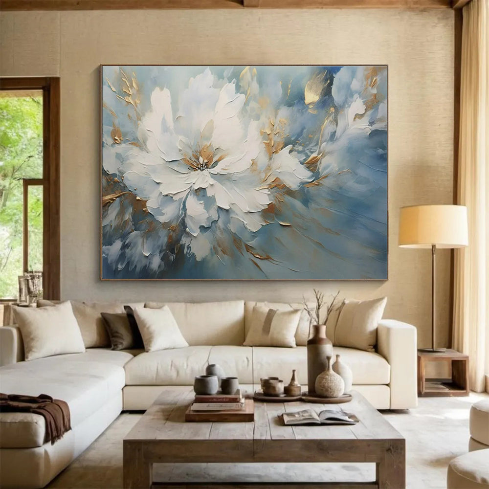 Blue, White, Gold Abstract Floral Art For Sale WB407