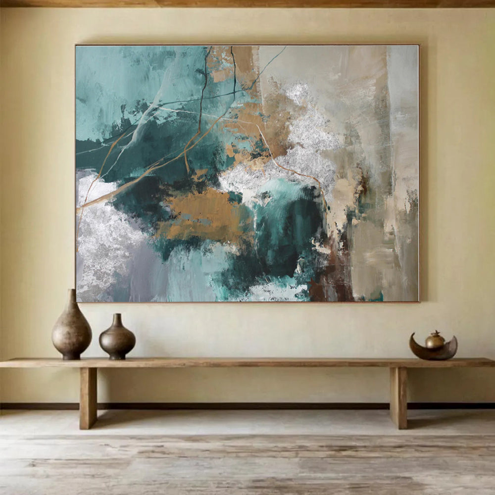 Extra Large Size Teal, Gold and Gray Abstract Textured Painting WB114