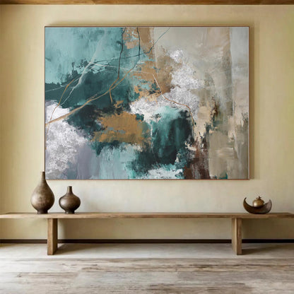 Extra Large Size Teal, Gold and Gray Abstract Textured Painting WB114