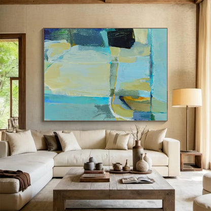 Acrylic Modern Art Paintings Teal, Beige, and Blue Abstract Art HS747