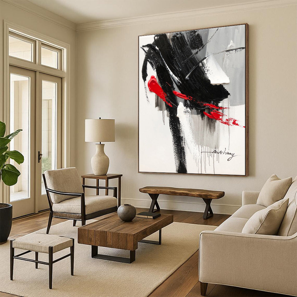 Cool Abstract Paintings Black, White, and Red Dynamic Abstract Painting On Canvas HS793