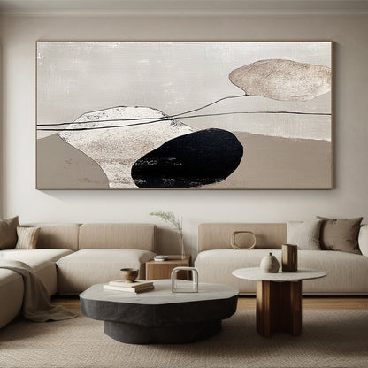 Minimalist Canvas Art Black, White, and Beige Organic Shapes Abstract Painting HS174