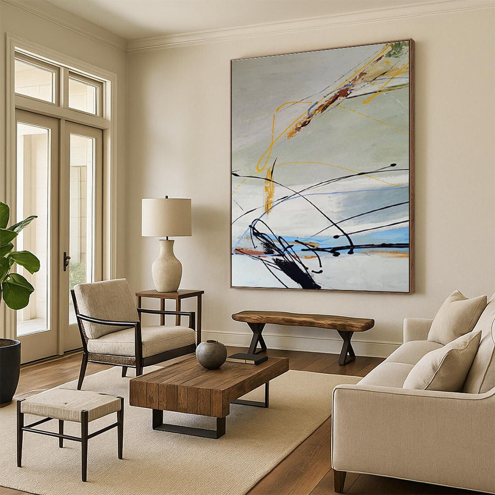 Large Size Black, Yellow & Blue Gestural Abstract, Acrylic Modern Art Painting HS210