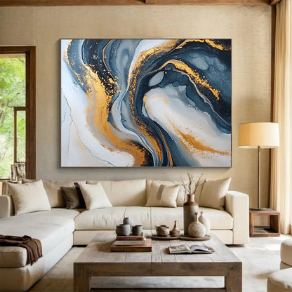 Modern Art Acrylic Black, White, and Gold Abstract Marble Painting For Sale HS114