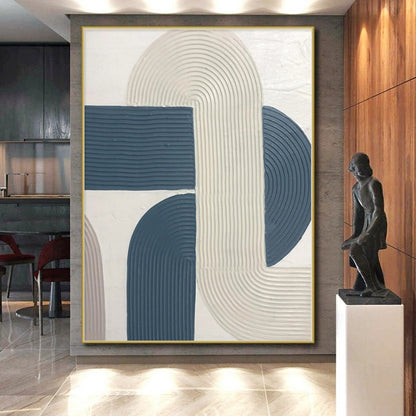 Hand-Painted Blue and Beige Abstract Curved Line Textured Painting For Sale HS029