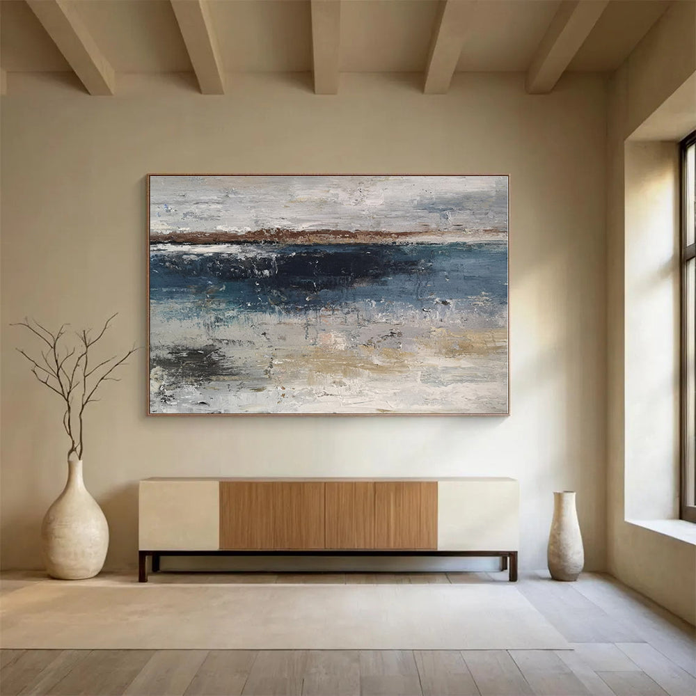 Oversized Canvas Art Blue, Gray and Beige Abstract Landscape Painting WB077