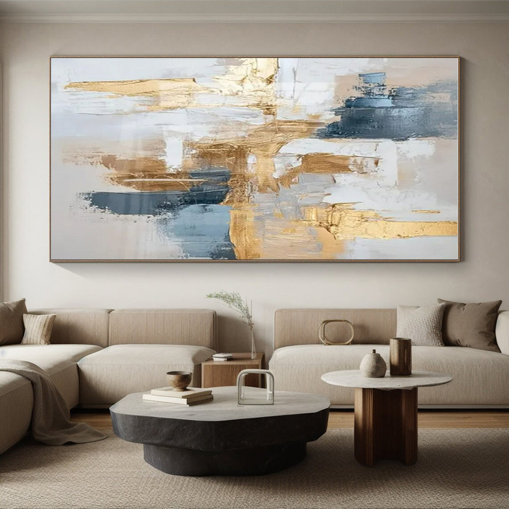 Large Contemporary Wall Art Gold, Blue, and White Textured Abstract Art HS739