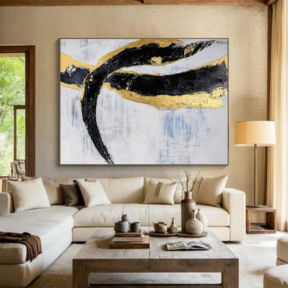 Oversized Canvas Art in Black, Gold, and White Textured Abstract Style WB240