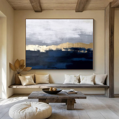 Extra Large Size Blue, Gray and Gold Abstract Landscape Painting WB144